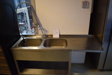 M stainless steel table. Double sink and faucet 60 x 180 cm. Bule stopped in tabletop