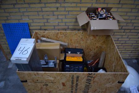 Pallet with div. Electrical articles, assortment box, soldering iron, suspension for PC, workshop blackboard, etc.