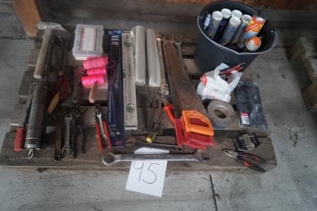 2 pallets with various tools, buckets, etc.