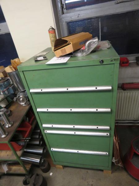 Steel cabinet with various tools, screw bolts and more.
