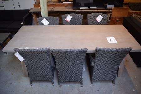 Havebord, grå beton + 6 stk. stole med hynder