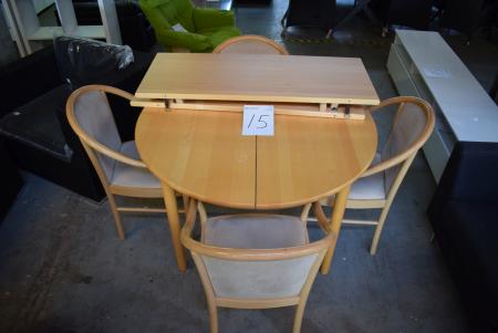 Spisebord Ø118 cm m. 2 stk. udtræksplader á 49 cm + 4 stole, bøg