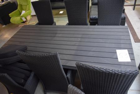 Bord 90 x 200 cm, hårdplast, sort + 6 stole (flet)