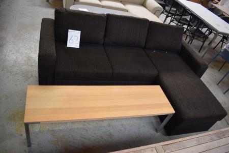 Sofa med chaiselong mørk brun, lav ryg + bord 40 x 145 cm