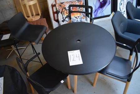 Black round table diameter of 100 cm, plastic + 3 chairs, wooden bar stool +