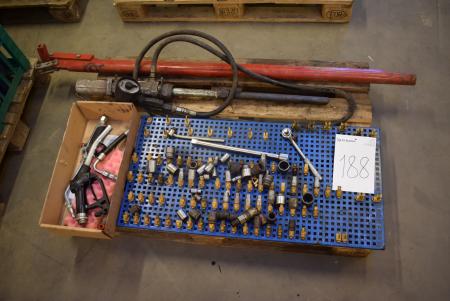 Pallet with div. Tools, oil pump with counter, pump gun, etc.