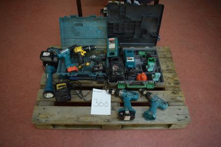 Pallet with various drills, charger, batteries, etc. not tested
