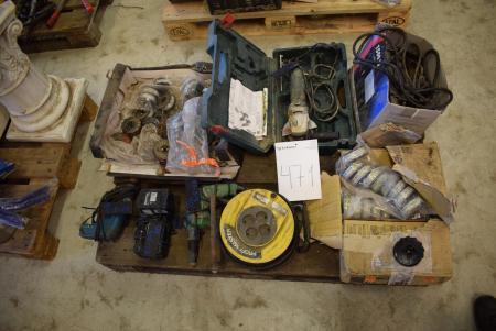 Pallet with tools, angle grinder, drill, binding wire, etc.