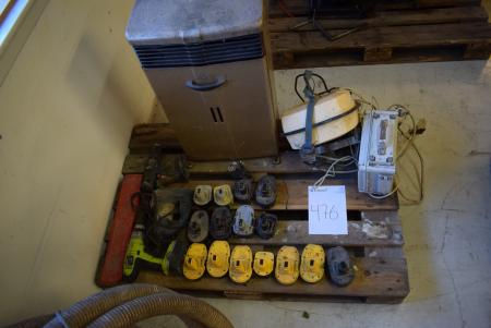 Pallet with tools, cordless batteries, electric hoist etc. not tested