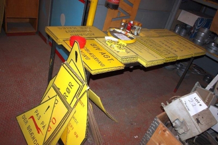 Table with various warning and instruction signs