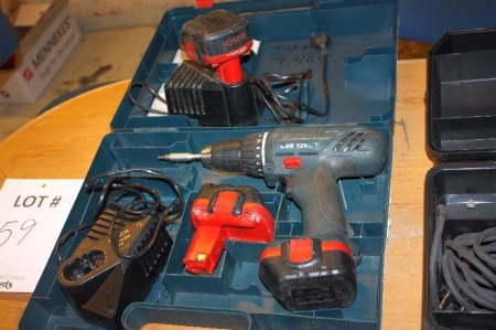 (3) power tools: Bosch aku-drill with 3 batteries + 2 chargers; reciprocating saw, DeWalt DW303K; acu-drill, Makita, including charger
