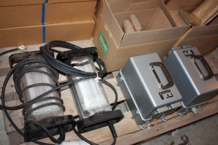 Pallet with 6 boxes labelled "Laser-slam 2x18w / 110V DC 5M + Mag" + (2) lamps + (2) Lübke type B190-317