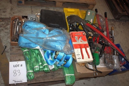 Pallet with hand tools and lifting straps and more