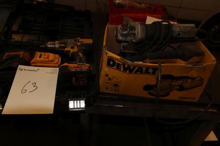 Dewalt Akku Drill with charger and battery as well as Metabo angle grinder and Dewalt grinder.