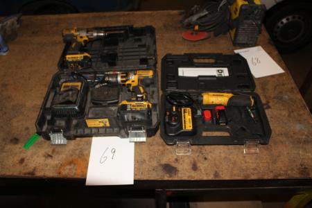 Dewalt AKKU screwdriver and 2 drilling machines including batteries and 2 chargers.