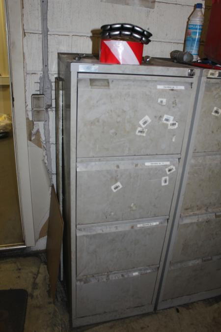 Steel file cabinet with various work gloves.