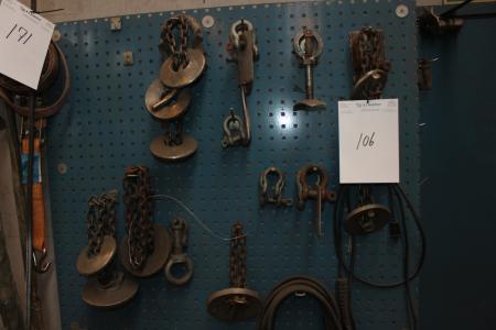Tool board with miscellaneous lifting saw, fitting wrenches and more.