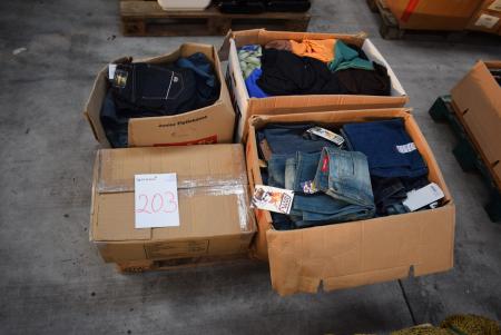 Pallet with 4 boxes clothing, jeans, t-shirt socks. Different colors and sizes