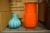 12 pieces Orange SPETSBERG vases, 15 cm + 16 Small turquoise glass vases