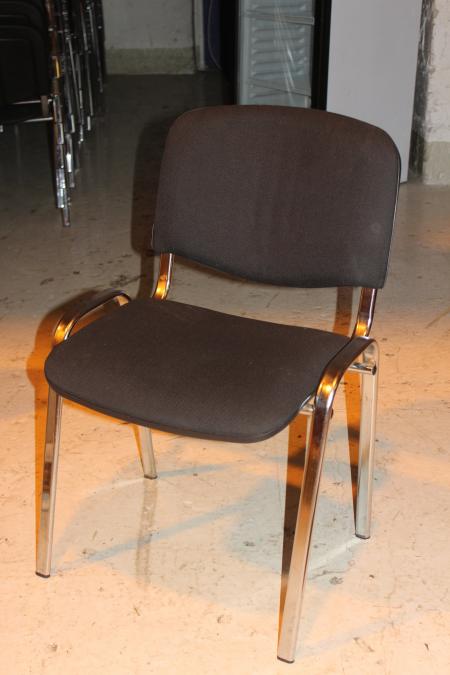 24 stainless steel chairs with fabric seats. Can be stacked height to seat 50 cm