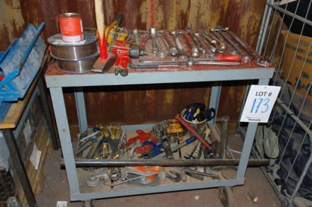 Workshop trolley with hand tools, lifting equipment, welding rods, gas burners