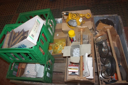 Pallet with nail gun nails, abrasive discs and more