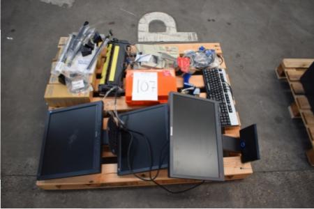 Pallet with PC monitors, calculator, keyboard, first-aid box etc.