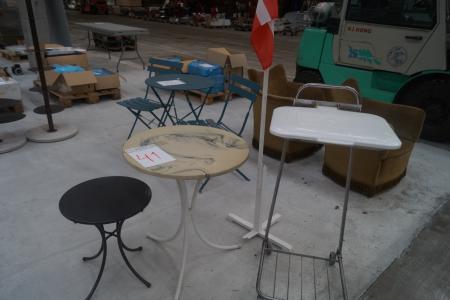 2 pcs tables in different sizes, flag, trash rack on wheels