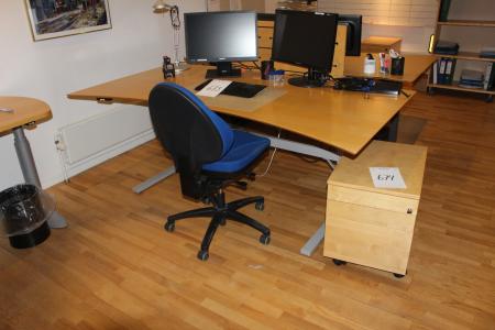 Hæve/sænkebord + skuffereol med indhold + kontorstol