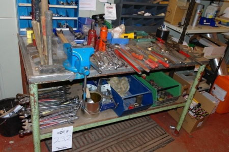 Steel table with content: hand tools + (2) assortment racks