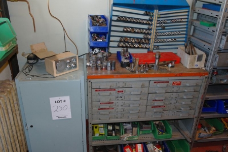 Tool cabinet + rack with large quantity of threading tools and socket spanners