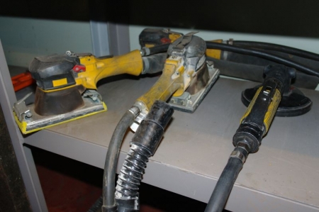 (3) air orbital sanders, Atlas Copco + (1) air angle grinder + (6) die grinders + (3) air drills + various tools on floor