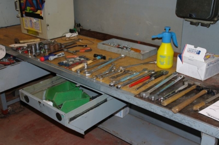 Hand tools on work bench + in (2) drawers + tool cabinet
