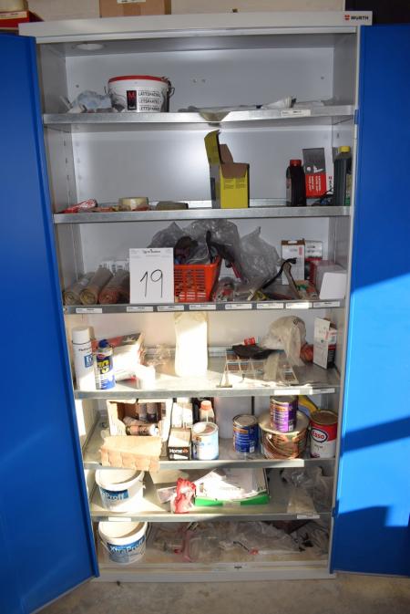 Contents in a steel cabinet, paint, silicone, gloves, etc.