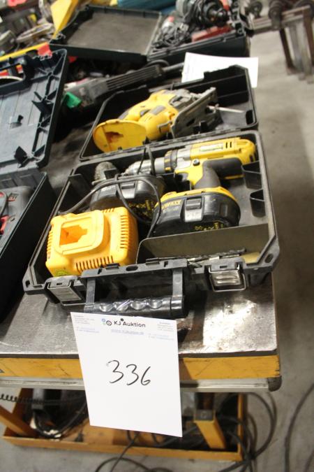 Dewalt AKKU drill and sticksaw with battery and charger.