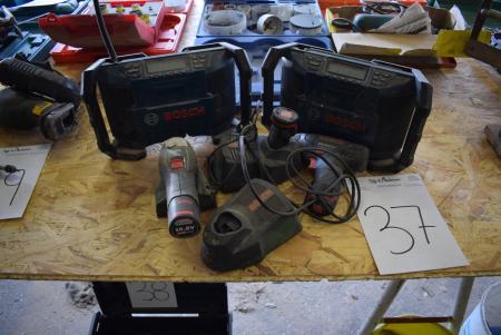 Screwdriver marked. Bosch + charger, radio and sander