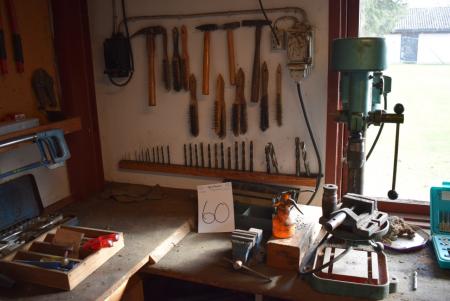 Drill press + assorted drills, wire brushes, etc.