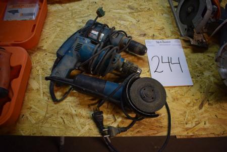 2 pcs. drilling machines marked. Makita angle grinder +