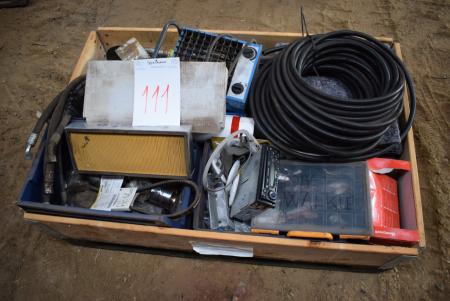 Pallet with various hydraulic, lamps, fan heater, etc.