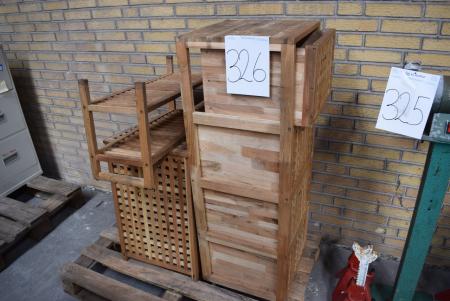 Wooden bookcase with four drawers, skyhylde + laundry basket