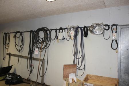 Various cables, wrist straps on the wall.