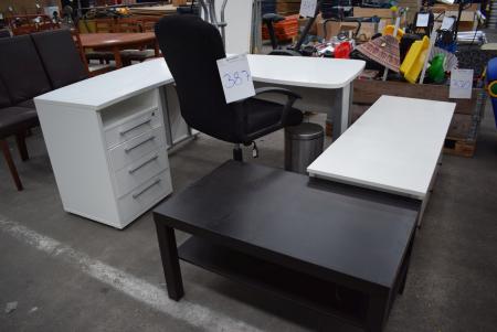 Hjørneskrivebord, sofabord, tv bord, kontorstol + affaldsspand