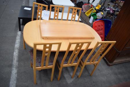 Bøg spisebord L 125 cm + 2 tillægsplader 49 cm/hver + 6 stk. stole