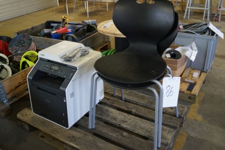 2 pcs chairs + DCP printer model The Brother DCP-9055CDN with power supply is missing a printer cable.