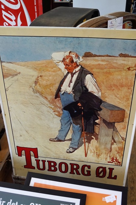 A batch of mirrors with advertising and an iron sign with Tuborg man B 75 cm, H 100 cm.