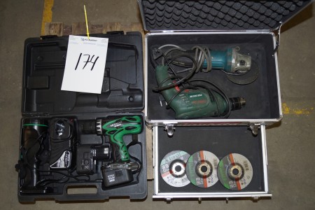 HITACHI ES14GVF3 battery drill with lamp, angle grinder, drill.