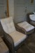 Large garden set, 2 chairs with cushions B: 70 back H: 100 cm., Footstool with cushion L: 70 B: 64 cm., 2 pers. Sofa with cushion on seat B: 125 back H: 90 cm., Table 80 x 80 H: 45 cm.