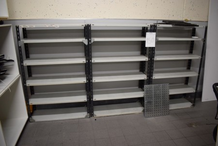 3 pieces. steel racks + 6 pcs. shelving (4 of them with wheels) + exhibition landing, not assembled