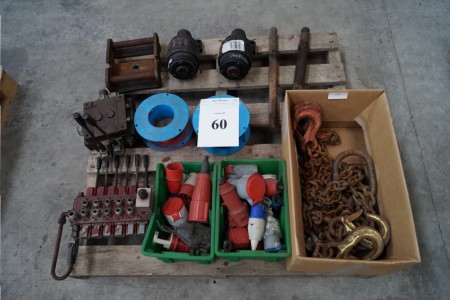 Lot chains with hook, power plugs, hydraulic valves etc.