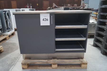 Table with stainless steel top plate, cabinet and pull-out shelves